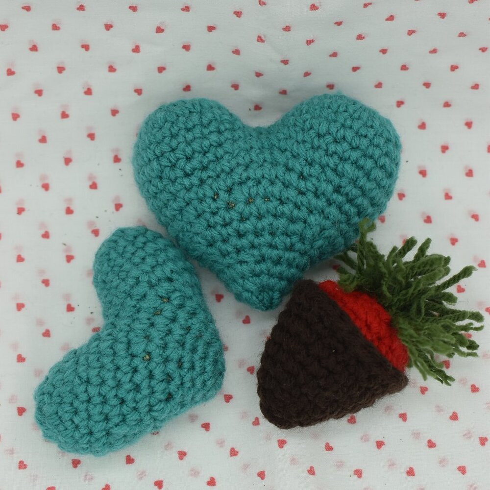 Crochet Catnip Valenties Day Cat Toys Hearts and Strawberry Bundle Set of Three